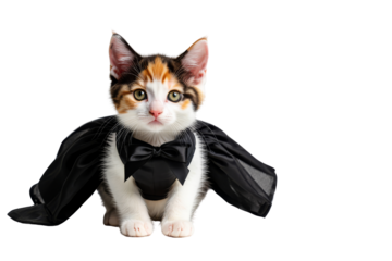 Adorable cat in tuxedo costume studio setting pet photography whimsical atmosphere close-up view fun concept