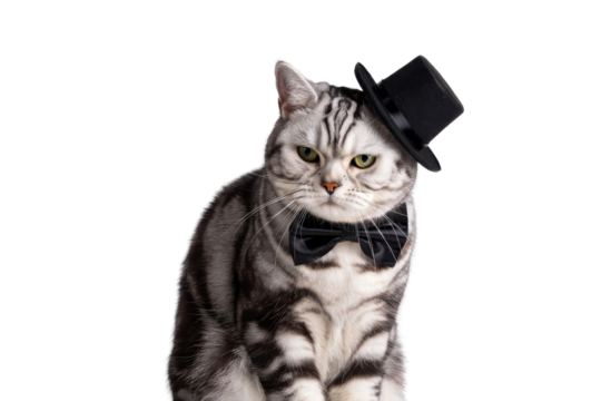 Dapper cat in a top hat studio setting animal portrait elegant environment close-up view whimsical concept