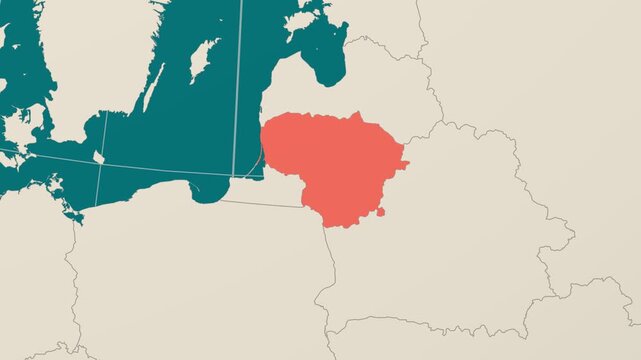 Lithuania map. Animated zoom into the country on the Globe in Teal Pale Mint color palette. Country logo animation. Map with meridians, parallels. Charming video.