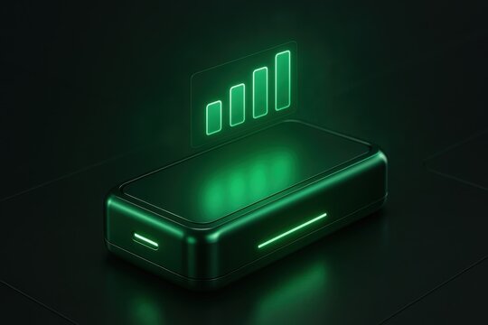 Futuristic green energy battery pack glowing with holographic indicators on black