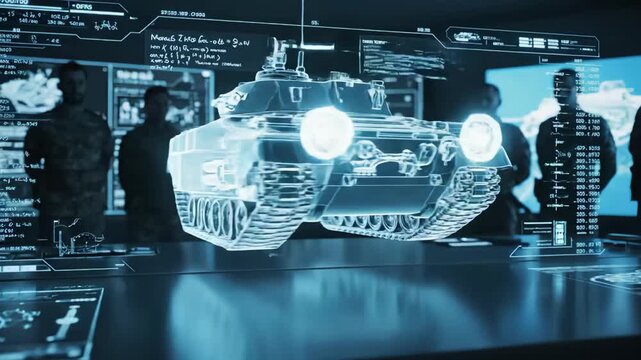 futuristic military briefing, command room with interactive displays, staff analyze tactical data at hightech station, engineers and officers review schematics and reconnaissance visuals