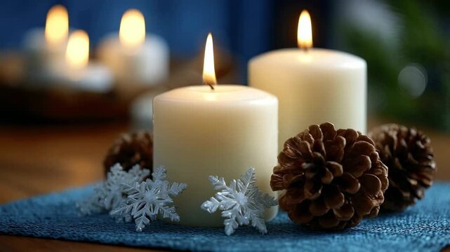 Two lit pillar candles pinecones and clear snowflakes on a blue textured mat with more blurred candles in the background