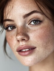 Obraz premium Close-up beauty portrait showcasing natural glowing skin, minimal makeup look with emphasis on luminous complexion, perfectly groomed eyebrows and soft neutral lips against grey backdrop.