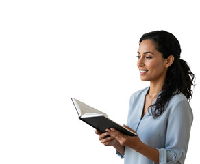 Fototapeta premium A woman in a light blue blouse holding a book, smiling confidently, against transparent background