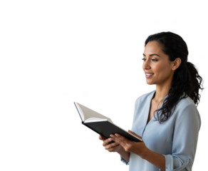 A woman in a light blue blouse holding a book, smiling confidently, against transparent background