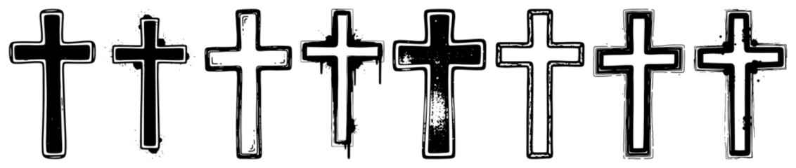 Set of christian crosses grunge outline black and white faith symbol vector icons illustration