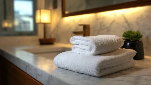 Two neatly folded white towels on a polished marble bathroom vanity with a modern faucet a small green plant and warm ambient lighting from a lamp and mirror