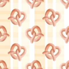 Soft pretzel seamless pattern on warm striped background. Cozy bakery design for packaging, fabric, or kitchen decor.