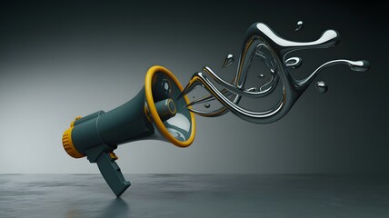 Megaphone emitting a dynamic splash of liquid metal or ink symbolizing loud announcements communication and powerful messages
