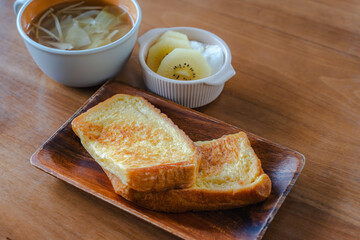 French toast breakfast with soup and fruit
