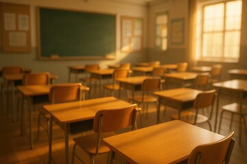 Sunlit classroom with neat rows of empty desks and soft depth of field