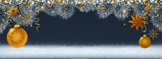 Merry Christmas border with blue fir tree branches and white snow.