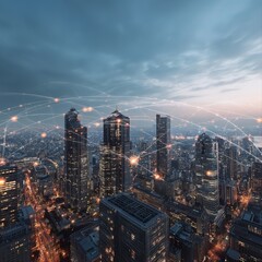 A modern cityscape at dusk, filled with tall skyscrapers and bright lights. 