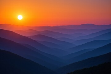 Obraz premium Smoky mountain ridges at sunset layers of mist and blazing pastel sky above