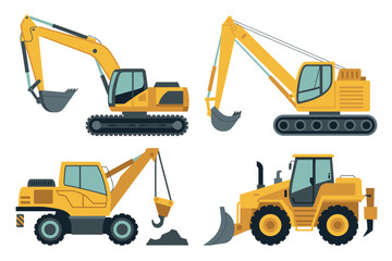 Four different types of heavy construction equipment are shown in this illustration.
