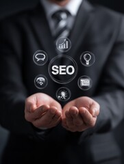 Businessman Holding SEO Icons - Digital Marketing Strategy Concept