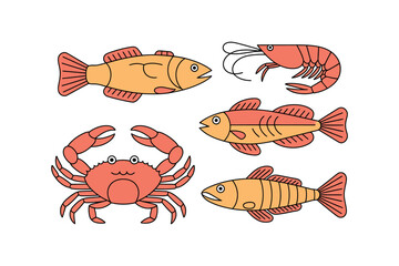 A collection of stylized illustrations depicting various seafood items, including fish, shrimp, and a crab.