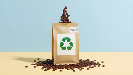 Minimal product photo of coffee beans in eco kraft packaging with recycle label on pastel background. Clean modern visual for sustainable branding campaigns.