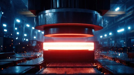 Massive steel press forging a glowing, hot metal block with sparks flying, highlighting industrial power and heat.