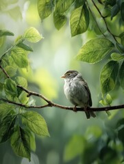 A small bird perches on a branch, surrounded by the soft blur of green leaves