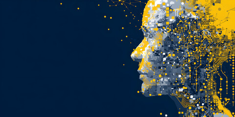Dynamic AI human head formed from digital circuits and glowing data points, symbolizing future innovation and artificial intelligence.