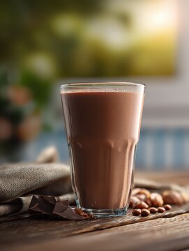 A glass of milo malt chocolate drink on the wooden table at home, hot beverage for breakfast to start the energetic day