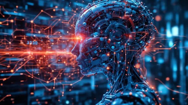 Artificial Intelligence project creation. Abstract concepts of cyber technology, machine learning, robots, and cybernetic brains, 3D animation. Digital schematic line drawing of futuristic ideas. 4k v