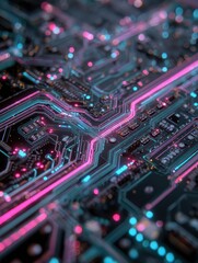 Obraz premium A close-up shot of a futuristic circuit board with bright neon pink and blue lights highlighting the intricate network of pathways