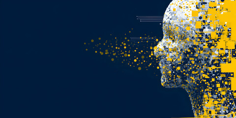 Dynamic AI concept with abstract human head dissolving into digital particles and circuits, symbolizing future technology and data processing