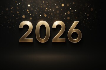 Elegant New Year 2026 numerals with glitter confetti on dark luxury backdrop