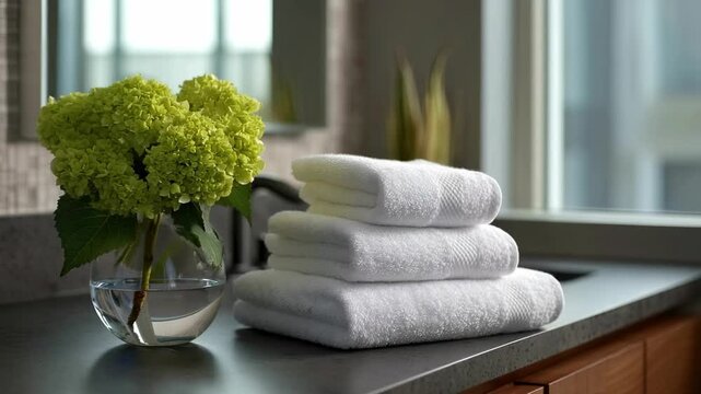 Vase of green hydrangeas clear water and a stack of white towels on a dark counter Bright window light illuminates the scene
