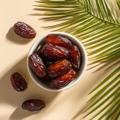 A small white bowl filled with glossy, brown dates placed on a light beige background. 