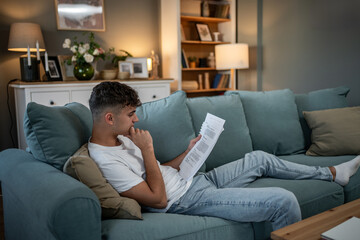 Obraz premium Young man studying documents reading on living room couch