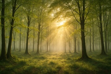 Naklejka premium Sunlit morning mist in a tranquil forest with fresh spring leaves and soft rays breaking through trees