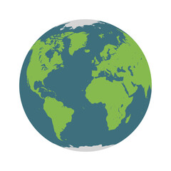 Fototapeta premium Flat Earth globe illustration with green continents including North America, South America, Europe, Africa, Asia, Australia, and blue oceans, vector artwork for educational, geography