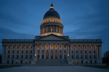 Naklejka premium Grand neoclassical capitol dome and columns glowing at dawn under pastel sky