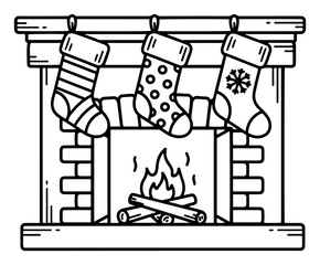 Cozy Fireplace with Hanging Christmas Stockings Black and White Vector Line Art