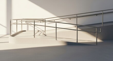 Fototapeta premium Sunlit concrete ramp with stainless steel railings in modern architectural space