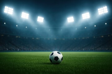 Fototapeta premium Floodlit arena with classic black and white ball on lush pitch under night sky