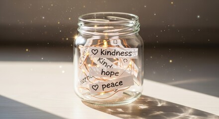 Jar of positive words illuminated by warm fairy lights