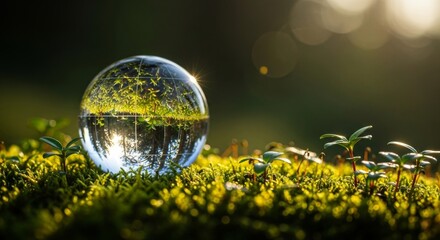 Crystal ball on moss with sunlit greenery and sparkling reflections