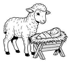 Nativity Baby Jesus In Manger With Lamb Christmas Coloring Page Line Art Vector