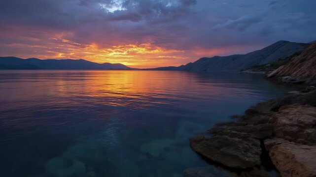 Vast body of water reflecting a glowing sky of orange purple and dark blue with landforms and rugged rocks