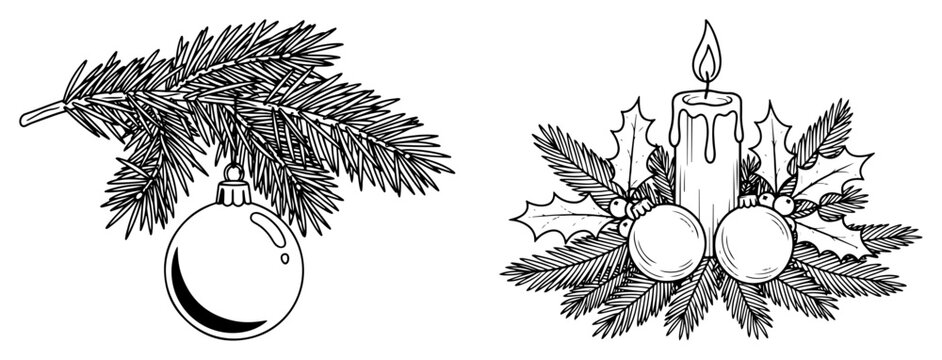 Christmas Candle Centerpiece with Holly Pine Branches and Bauble Ornament Line Art Vector
