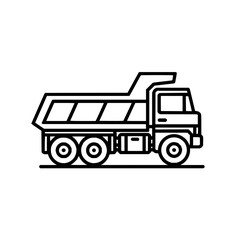 Fototapeta premium A simple line drawing of a dump truck with a raised bed and multiple wheels in black and white