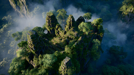 Aerial view of ancient stone ruins on a mountain peak surrounded by lush jungle and fog, bathed in soft morning light creating a mystical and cinematic atmosphere