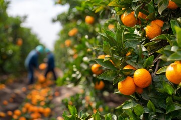 Close-up of vibrant ripe oranges on trees in a sun-drenched orchard.