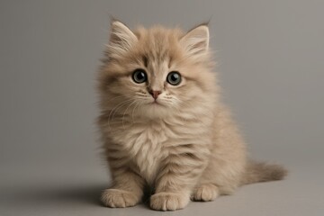Adorable fluffy kitten sitting on smooth gray backdrop bright eyes soft lighting