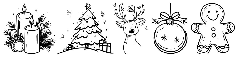 Set of Christmas doodle elements. Hand drawn vector collection with tree reindeer gingerbread man candle and ornament. Line art icons. © Tomas