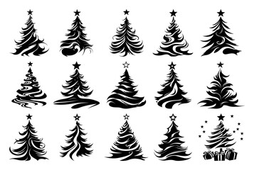 Obraz premium Stylized Christmas Tree Silhouette Set Swirl Brush Designs Black and White Vector
